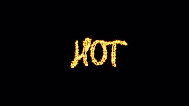 Bright orange flaming text letters spelling hot black background dark artistic style.
