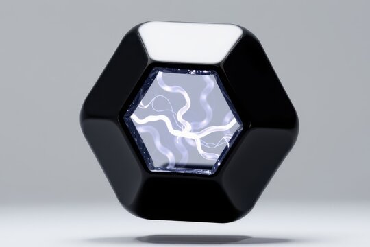Futuristic black hexagon with white electrical energy inside