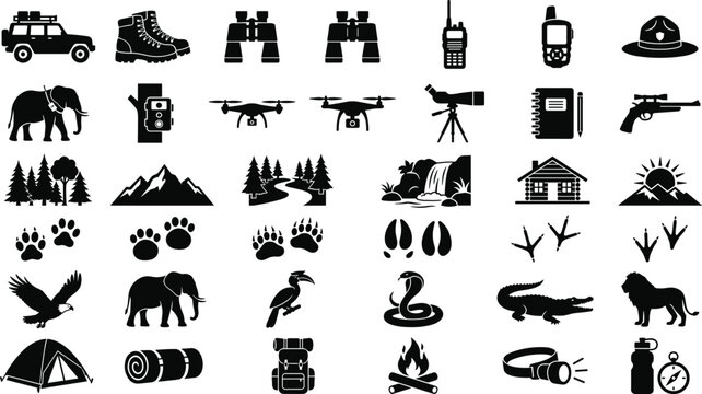 Safari animals, vehicles, and adventure gear icons on a plain white background