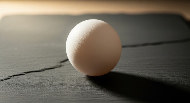 Single white egg on dark textured surface.