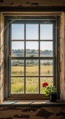 Fototapeta premium Rustic Window View of Rolling Countryside and Wildflowers.