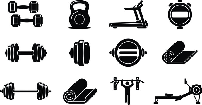 Black silhouette icons depicting various gym equipment including dumbbells barbells and treadmills aerobic equipment athletic gear barbell black silhouette