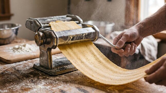 Metal pasta machine rolls fresh yellow dough on a rustic wooden table in bright lighting