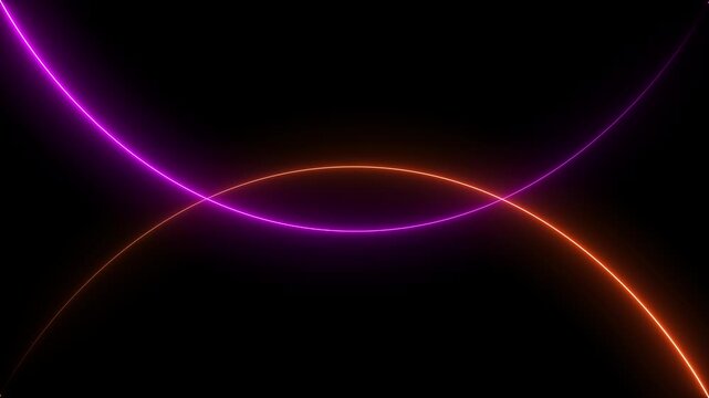Abstract glowing neon light circles in purple and orange colors crossing on a dark black background