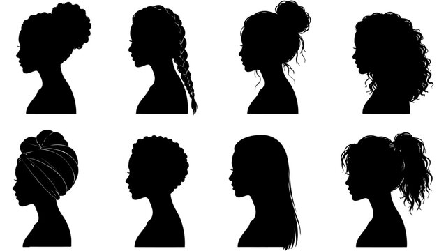 Woman silhouette hairstyle set vector female profile head icon bundle