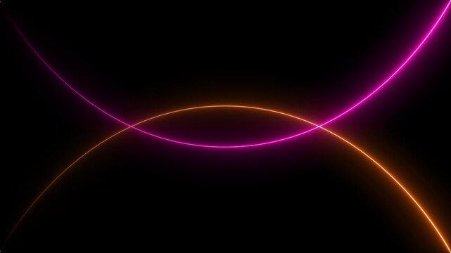 Glowing pink and orange neon light curves crossing on a dark black background creating an abstract digital pattern for futuristic technology and modern science motion graphic design concepts