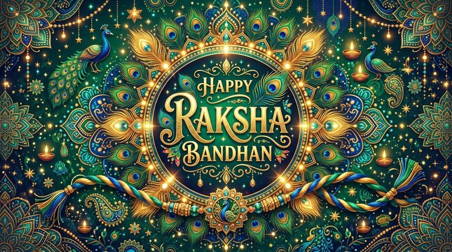 Festive raksha bandhan greeting with ornate rakhi and bokeh lights, floral patte