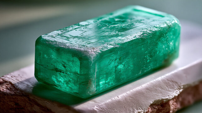 Single raw uncut emerald gemstone crystal resting on rough natural stone surface with gemstone