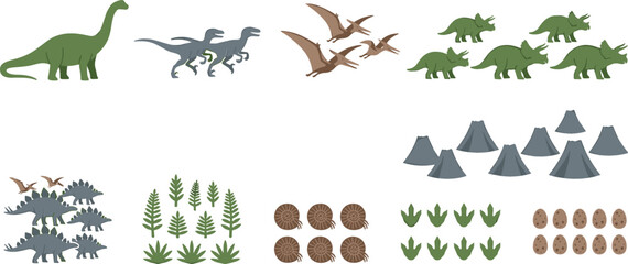 Prehistoric Dinosaur Counting and Math Vector Set Featuring Brachiosaurus Triceratops Stegosaurus Pterodactyl Raptor Species Volcanoes Fossils Shells Footprints and Eggs Groupings © MdMostakin
