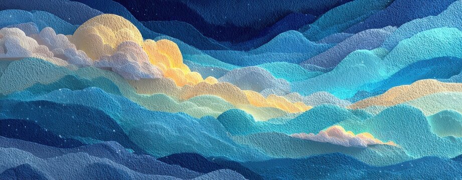 Dreamlike textured landscape with glowing clouds over serene blue mountain layers. Abstract papercraft diorama in Japanese art style, a tranquil night background.