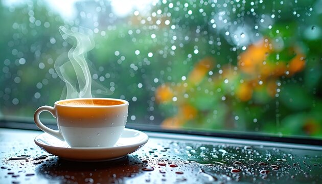 Steaming cup of coffee on rainy day.