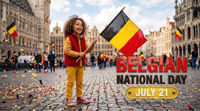 Happy curly haired girl standing on a cobblestone square in brussels holding a belgian flag during the national day celebration with confetti on the ground and historic buildings in the background