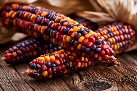 A rustic wooden surface adorned with multicolored Indian corn
