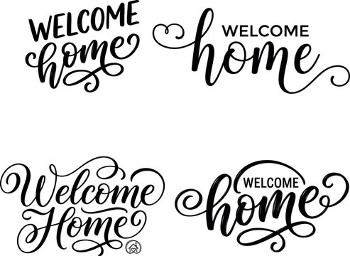 Welcome home lettering designs with flourishes and swirls isolated on white background