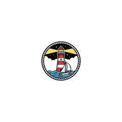 Vintage Style Nautical Badge With A Glowing Lighthouse And A Sailboat Sailing Past Set Against A Dark Sky With Twinkling Stars Framed By A Thick Vector Illustration © makyas