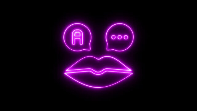 Glowing Neon Lips Icon with Speech Bubbles Representing Communication and Language Learning in a Modern Digital Style