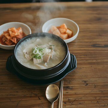 Steaming Korean gukbap rice soup in stone bowl with kimchi side dishes