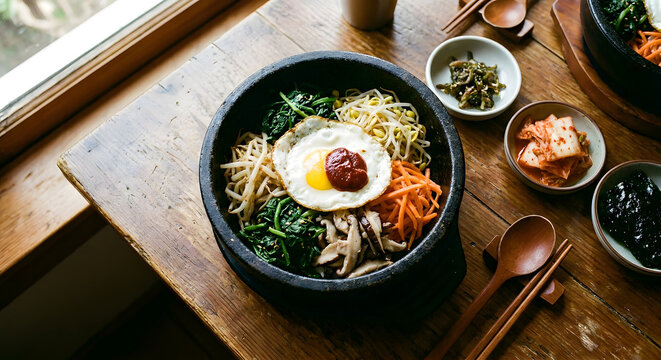 Korean bibimbap in stone bowl with vegetables and egg overhead flat lay