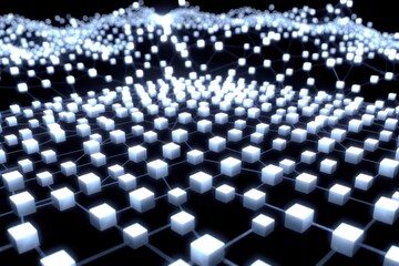 Fototapeta premium Glowing white cubes linked in grid on black background
