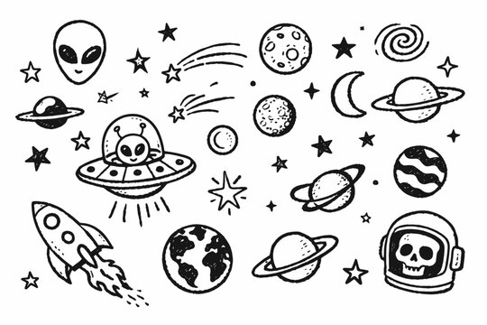 Hand drawn space doodle set with alien ufo and rocket ship, black and white galaxy vector elements, celestial planets and stars collection