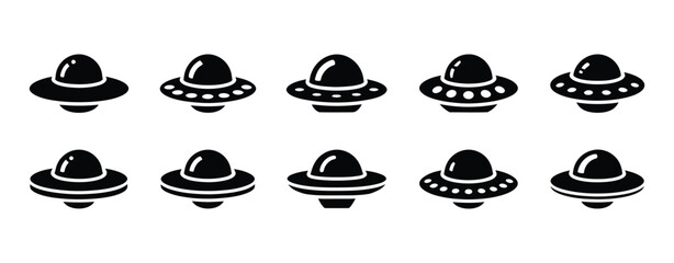 UFO icon set, flying saucer symbol, alien spacecraft vector ©  