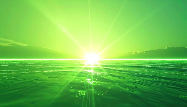 Sunrise over serene green ocean water.