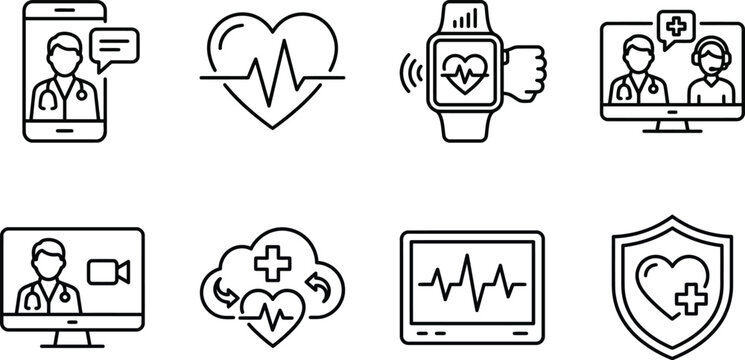 Telemedicine Icons Set Linear Healthcare Symbols Including Doctor Consultation And Heart Rate Monitoring telehealth remote care virtual doctor