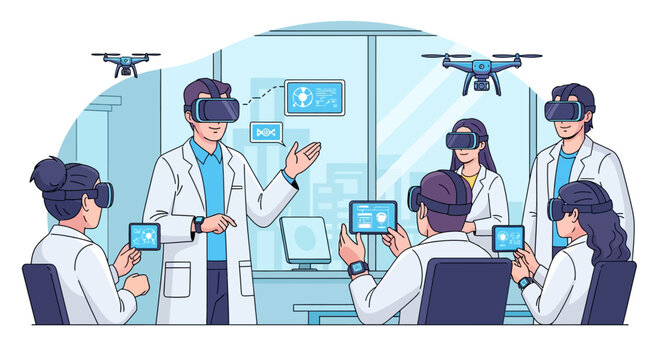 People wearing virtual reality headsets in a modern lab setting.