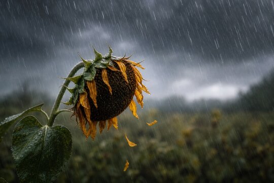 Drooping sunflower in heavy rain with falling petals and bent stem.