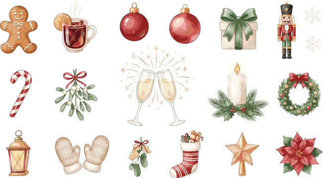 Set of cozy Christmas and New Year watercolor elements featuring a gingerbread man mulled wine baubles gift box nutcracker champagne toast and festive decorations