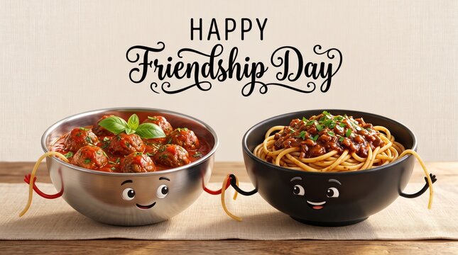 Happy friendship day text above two anthropomorphic bowls filled with meatballs and spaghetti holding hands on a wooden table surface