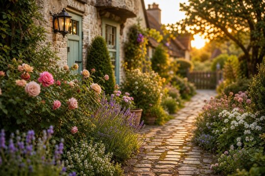 Cottage garden path with flowering plants and cobblestone walkway.