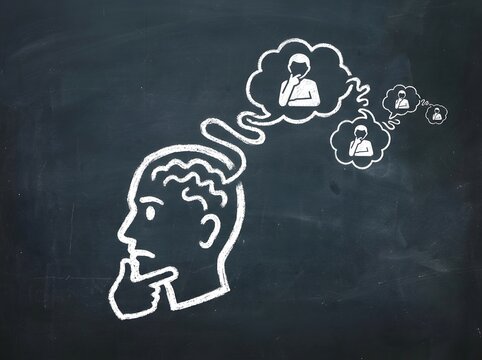 Conceptual illustration of deep thinking and recursive thought process drawn on a chalkboard.
