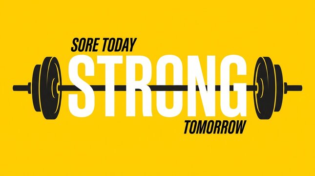 A bold minimalist fitness graphic design featuring a black barbell icon and the motivational quote "SORE TODAY STRONG TOMORROW" in clean, striking typography over a vibrant yellow background.