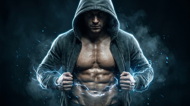 A cinematic close-up photograph of a muscular man wearing a grey hoodie jacket, pulling it open to reveal his shredded abs, enhanced with glowing blue lightning effects on a dark smoky background.