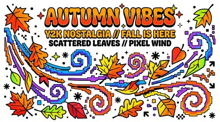 Obraz premium Autumn vibes, colorful leaves, swirly patterns, pixel art, fall elements