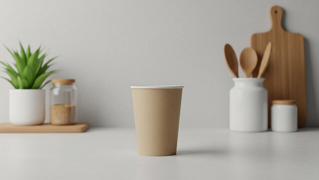 Blank brown paper coffee cup on modern kitchen counter