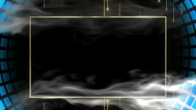 Dynamic abstract background with blue grid panels wispy smoke and golden light streaks for event or performance with panels sides illuminated streaks swirling white video dark abstract