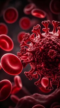 Close-up view of a microscopic virus particle with surrounding red blood cells, illustrating a medical or scientific concept