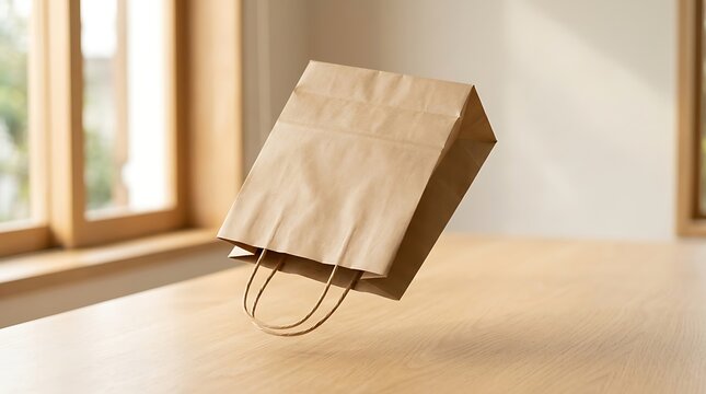 Levitating brown paper shopping bag on wooden table in bright room