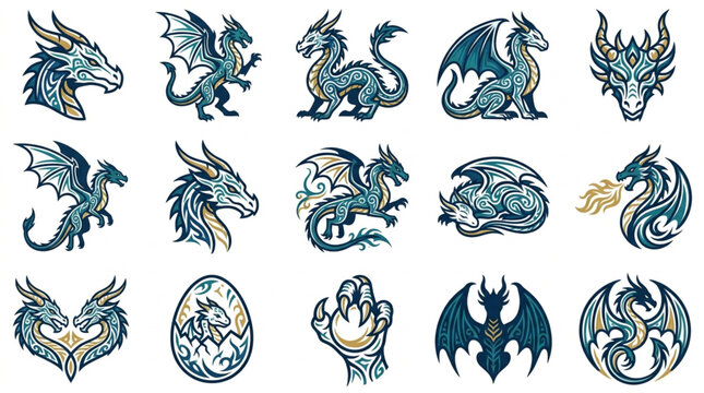 Collection of Intricate Dragon and Mythical Creature Illustrations.