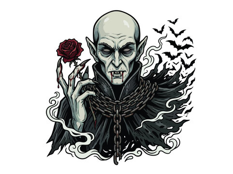 Dark Nosferatu Vampire With Sharp Fangs Clutching A Red Rose, Wearing Chains And Flowing Cape, Amidst Bats And Swirling Smoke, Gothic Horror Vector Illustration
