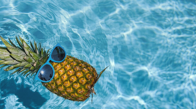 Cool Pineapple Wearing Blue Sunglasses Floating in Turquoise Swimming Pool Water Summer Fun Tropical Concept with Copy Space