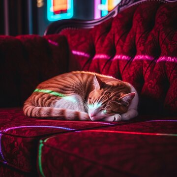 Neon Dreams: A Cat's Velvet Slumber