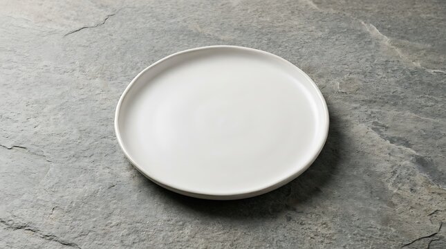 Empty white ceramic plate on textured grey stone surface
