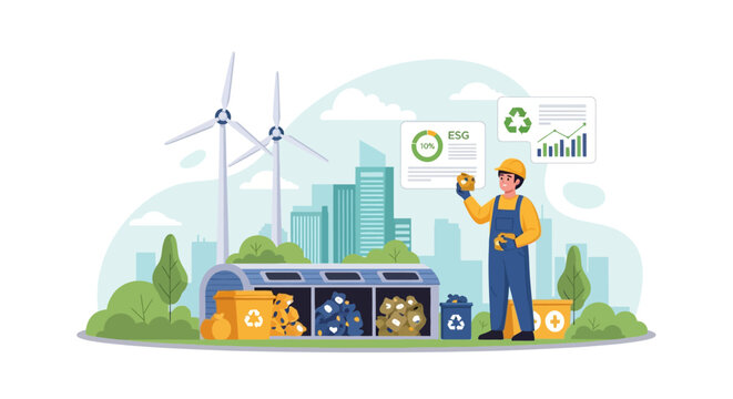 Worker Inspecting Renewable Energy and Recycling Station.
