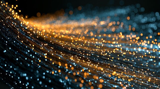 Financial technology data flowing through fiber optic cables, stock market visualization, blockchain infrastructure