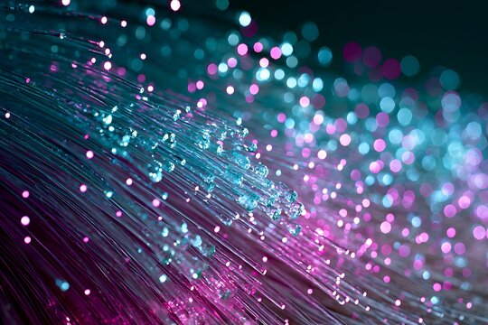 Macro view of crystal-clear optical fibers with sparkling light refraction, vibrant cyan and magenta illumination