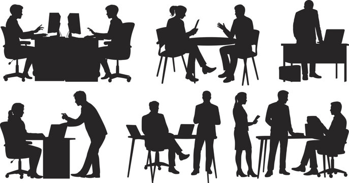 Office people silhouettes teamwork technology business meeting collaboration icons flat vector