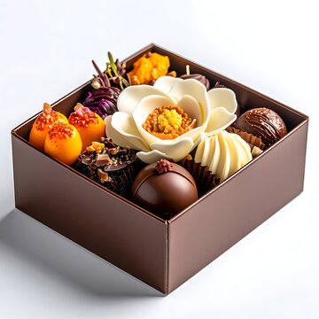 Assorted chocolates and desserts in box.